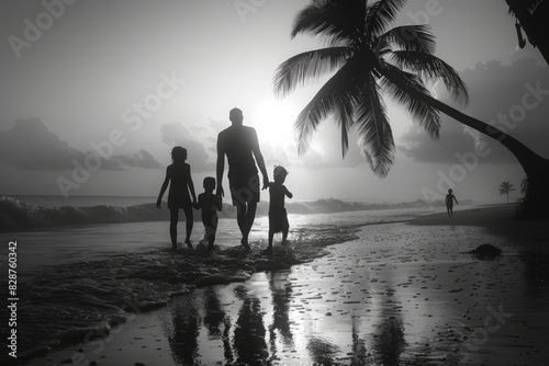 Una familia caminando en la playa al atardecer, con el padre y tres hijos de menor a mayor estatura. Las olas se estrellan suavemente en el fondo. En un lado hay dos palmeras.