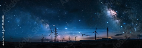 Wind turbines silhouetted against a starry sky, electricity flowing through the power lines as glowing particles..
