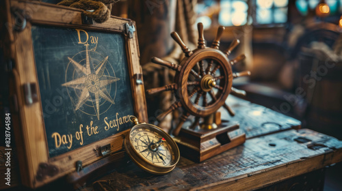 mockup banner celebrating seafarers with compass, ship wheel, and the message day of the seafarer on a blackboard