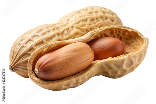 An opened peanut shell displaying two peanuts inside, isolated on a plain white background in natural daylight