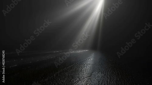 Spotlight on a wet concrete floor. 3D rendering of an empty dark room with a spotlight shining down from the center of the ceiling.