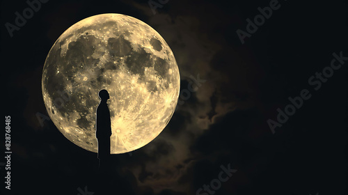 The full moon rises over a lonely figure standing on a hilltop. The dark cloudscape and bright moonlight create a dramatic scene.