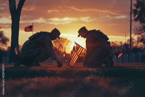 Soldiers kneeling to place flags at Arlington, paying tribute to the fallen, solemn tone, selective focus, Honor theme, ethereal, Silhouette, Arlington National Cemetery backdrop