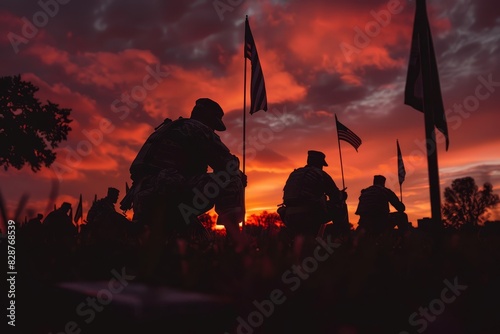 Soldiers kneeling to place flags at Arlington, paying tribute to the fallen, solemn tone, selective focus, Honor theme