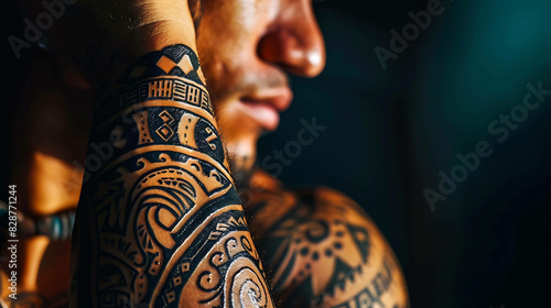 Tribal tattoo on a man's arm. The tattoo is black and brown, and it features intricate geometric patterns.