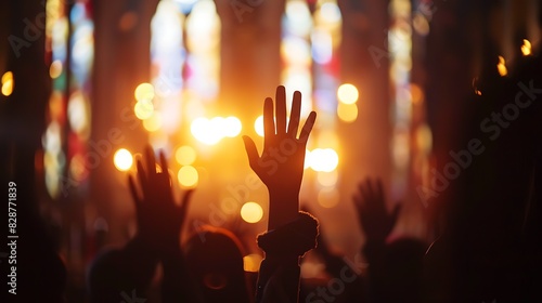 An image of a group of people with their hands raised in the air in a worshipful manner.