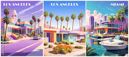 Set of Travel Destination Posters in retro style. Miami, Los Angeles, Palm Springs, California, USA prints. American summer vacation, holidays concept. Vintage vector colorful illustrations.