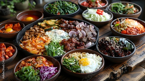 Flavorful Fusion:Mexican-Korean BBQ Spread on Wooden Table
