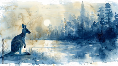 australian landscape art, watercolor artwork for western australia day featuring a double exposure of a kangaroo and beach in blue and white tones