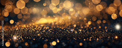 Abstract background with glittering golden bokeh lights in panoramic format