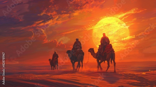 Camel caravan traveling in the desert at sunset illustration