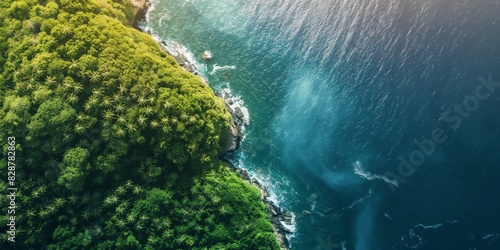Breathtaking aerial view of a dense forest coastline meeting a turquoise sea