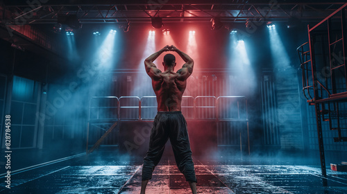 The winner flexing their muscles on a gym stage with dramatic lighting. Dynamic and dramatic composition, with cope space