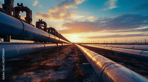 Pipeline construction site at sunset, rows of blue pipelines leading into the horizon, vivid sky with warm tones, emphasis on the oil and gas industry, clear and highdefinition visual