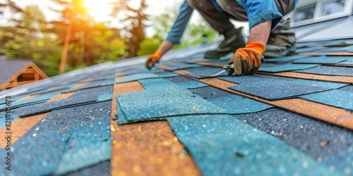 Experienced roofer replacing shingles on a house to enhance durability and aesthetics. Concept Roof Repair, Shingle Replacement, Experienced Roofer, Enhancing Durability, Aesthetics