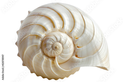 A close-up of a white seashell with intricate spiral patterns.