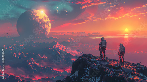 illustration of astronauts exploring a distant planet discovering alien landscapes and encountering extraterrestrial life forms