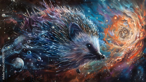 Graffiti Art of A Hedgehog rolls into a protective ball as it drifts through the void of interstellar space, its spines bristling with cosmic energy