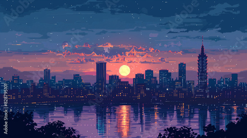 Pixel art of a city at night