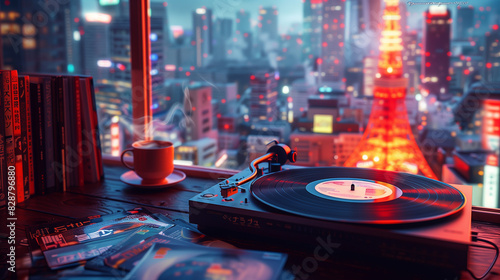 Close-up of a vintage Japanese vinyl record player at night, lofi ambiance with a neon-lit cityscape