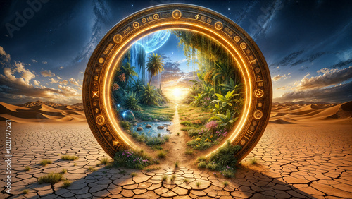 Heaven's Gate, mystical round portal in desert leads to lush, vibrant paradise garden filled with tropical plants. Fantasy, adventure, escapism and nature concept.