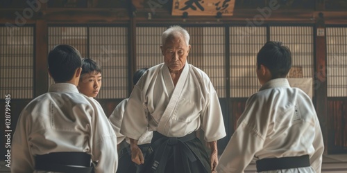 Aikido sensei and Japanese pupils with discipline, fitness, and physical action in class for defense or technique. Martial arts, fighting, training, costume, or culture and skill confidence