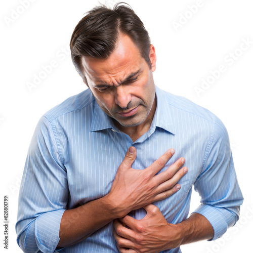 Man with Chest Pain – Clutching Chest: Portrait of a man clutching his chest in pain, isolated on a white background. 