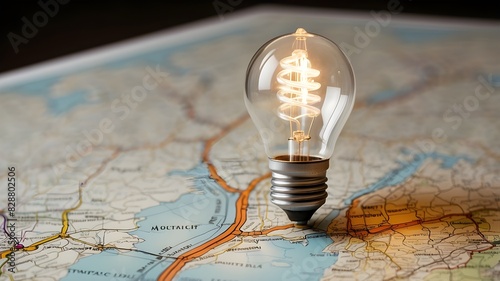 A lightbulb positioned at a fork in a map, signifying creativity and selection in negotiating corporate settings, decision-making, and natural light