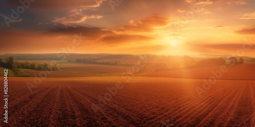 A scenic view of farmland with furrows leading to a dramatic sunset over rolling hills
