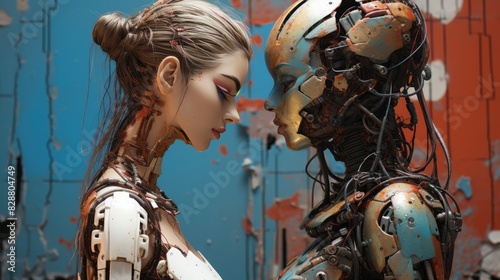 Graffiti de dos hermosas cíborgs femeninas paradas mirándose y sosteniéndose, con un ambiente distópico.