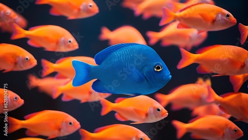 Unique blue fish standout from other fish representing bold, defiance, originality