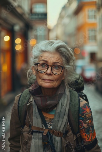 Una abuela con un estilo hipster caminando con estilo por el centro de Copenhague, con tatuajes en los brazos y una paleta de colores fríos.