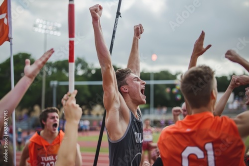 Pole Vaulter Celebrating Victory with Teammates and Coaches at Track and Field Event