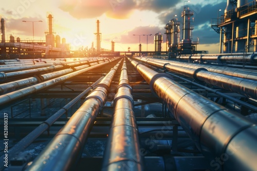 Industrial pipeline complexity in a refinery at sunset