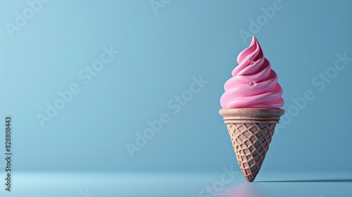 A delicious pink ice cream cone against a blue background, capturing the essence of summer with its vibrant and appetizing appearance.