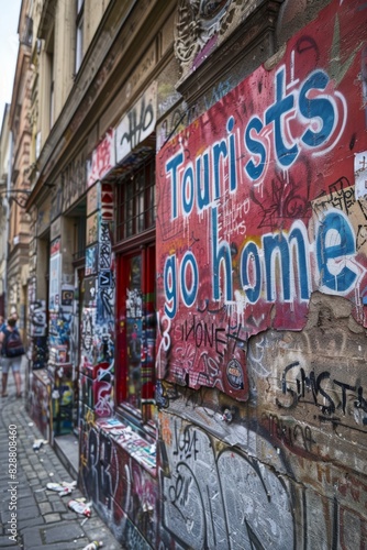 Graffiti on Urban Building Wall with Anti-Tourist Message