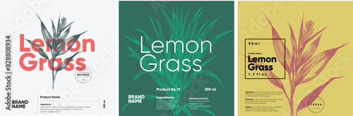 Three labels for lemongrass products, illustrated in engraving style, displaying the plant in muted green, red, and yellow hues with bold typography.