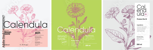 Three pastel-colored labels for calendula products, illustrated in a fine engraving style, paired with modern typography and detailed plant depictions.