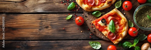 Freshly baked traditional Italian pizza with vibrant ingredients on a rustic wooden backdrop