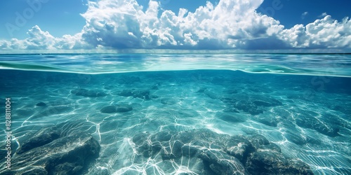 This image captivatingly showcases the split view of a crystal-clear sea, with underwater life and a cloudy sky above