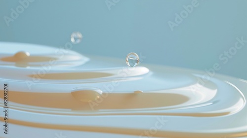 Close-up of transparent liquid droplets on a smooth surface with a blue background, capturing the essence of fluidity and purity.