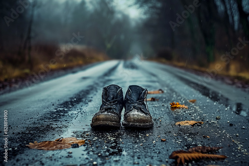 Pair of shoes abandoned on a road in rainy weather