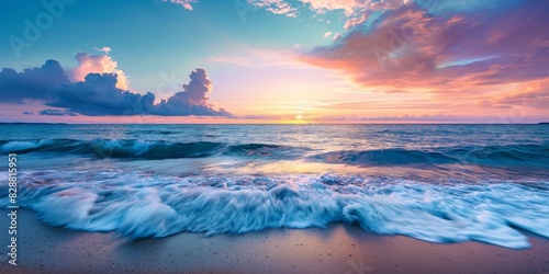 A picturesque view of the sun setting over the horizon of a beach with waves gently crashing on the shore