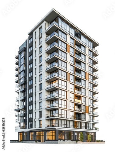 High-rise luxury apartment building at night on transparent background