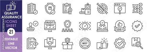 A set of line icons related to quality assurance. Quality check, verify, good, best, secure, award and so on. Vector outline icons set.