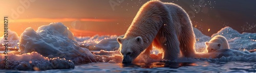 Polar bear and cub in icy Arctic waters at sunset, showcasing wildlife in their natural habitat during a stunning evening backdrop.