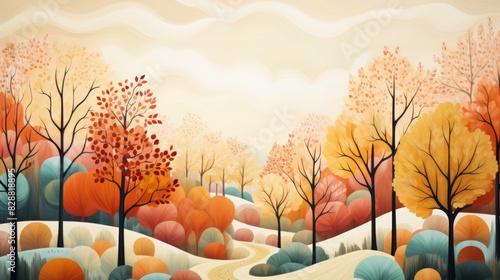 Scenic autumn landscape with colorful trees, rolling hills, and a cloudy sky, showcasing the vibrant beauty of fall foliage in a serene setting.