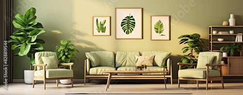 Wooden table with green armchair and sofa in natural living room filled with plant and leaf posters