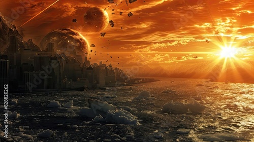 Dramatic post-apocalyptic sunrise with shattered planet in the sky over a desolate city and ocean landscape, evoking intense emotion and awe.