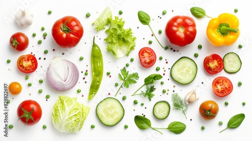 Vibrant summer vegetable medley: fresh tomatoes, onion, cucumber, peas, garlic, cabbage, peppers, and radish arranged artfully on white background - food concept